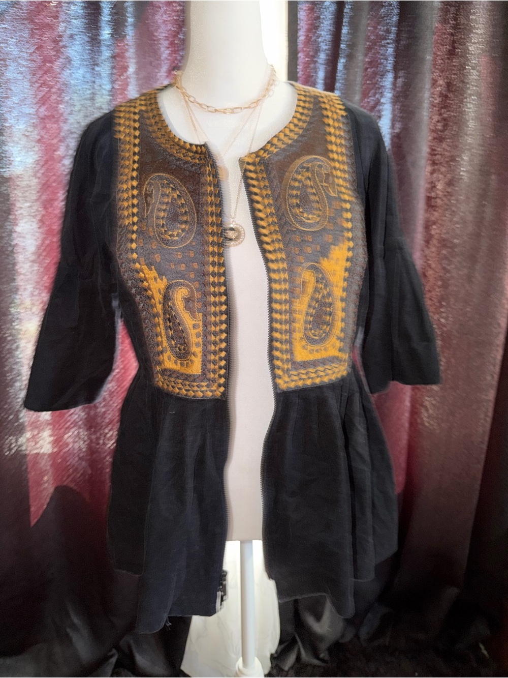 DKNY Black Open-Front Tunic with Mustard Paisley Embroidery